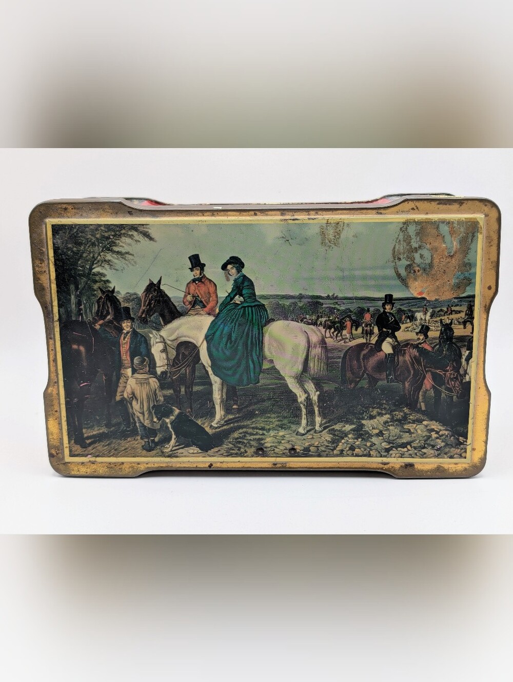 Vintage Old Rileys Toffee Empty Tin Fox Hunting Horse Scene English Biscuits Ad